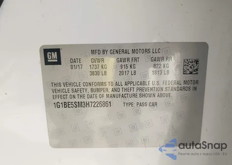 2017 Chevrolet Cruze Lt Auto z USA, uszkodzony, nr VIN 1G1BE5SM3H7226861